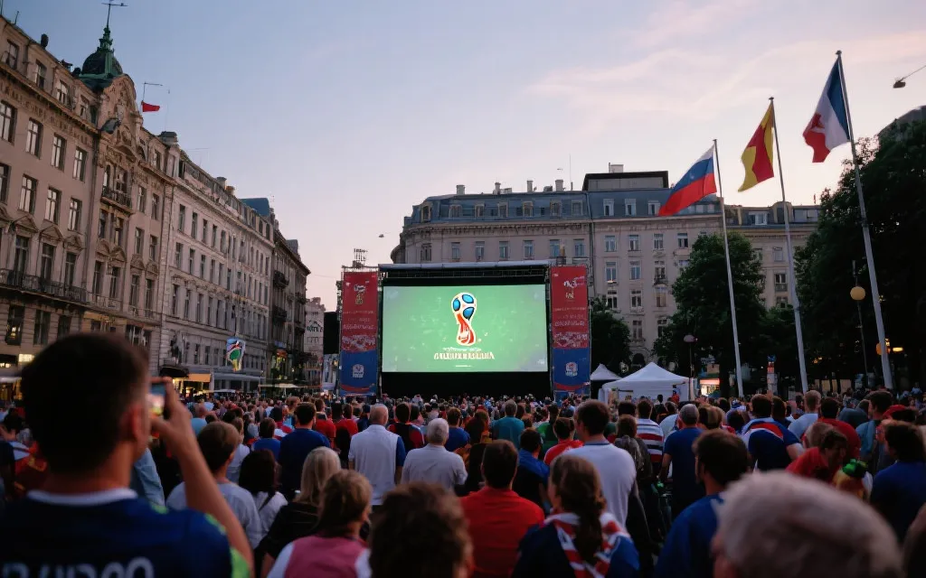 世界杯决赛赛前球迷在城市广场集结观看大屏的热烈场景