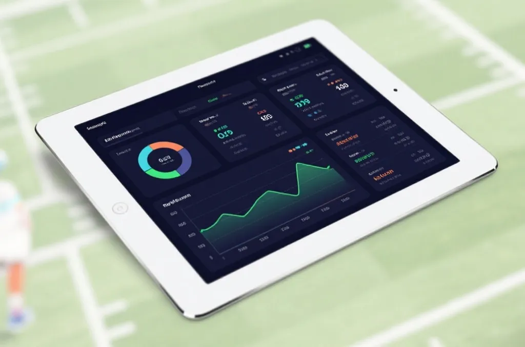 Clean dashboard user interface on a tablet showing sports data analytics and real-time graphs